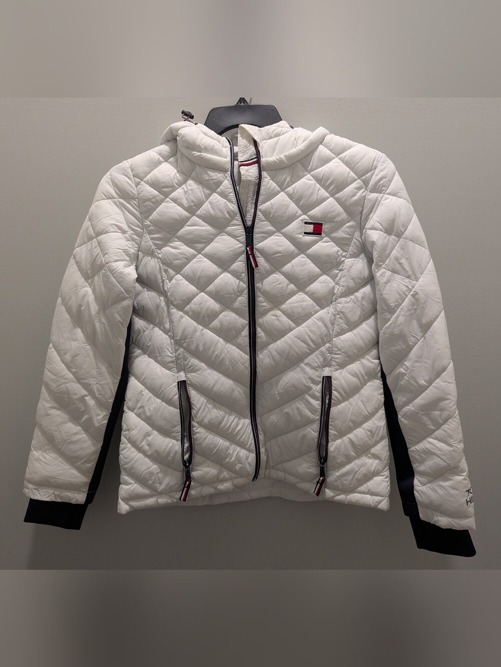 Tommy Hilfiger Women's White Diamond Quilted Hooded Jacket Size M Lightweight